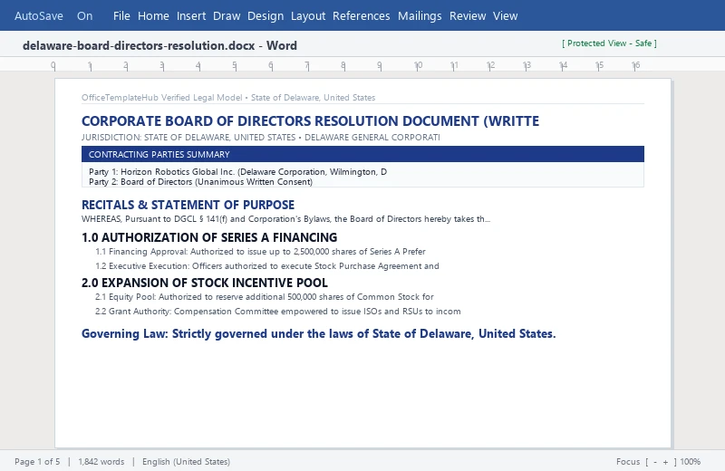 Corporate Board of Directors Resolution Document (Written Consent)