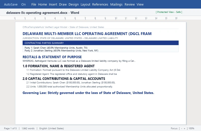 Preview of Delaware Multi-Member LLC Operating Agreement (DGCL Framework)
