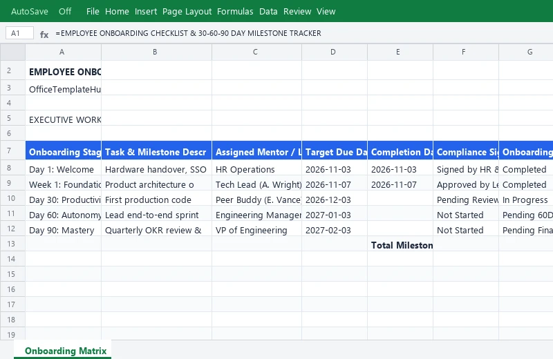 Employee Onboarding Checklist & 30-60-90 Day Milestone Tracker