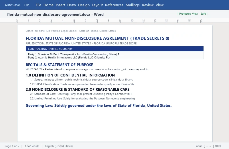 Florida Mutual Non-Disclosure Agreement (Trade Secrets & IP)