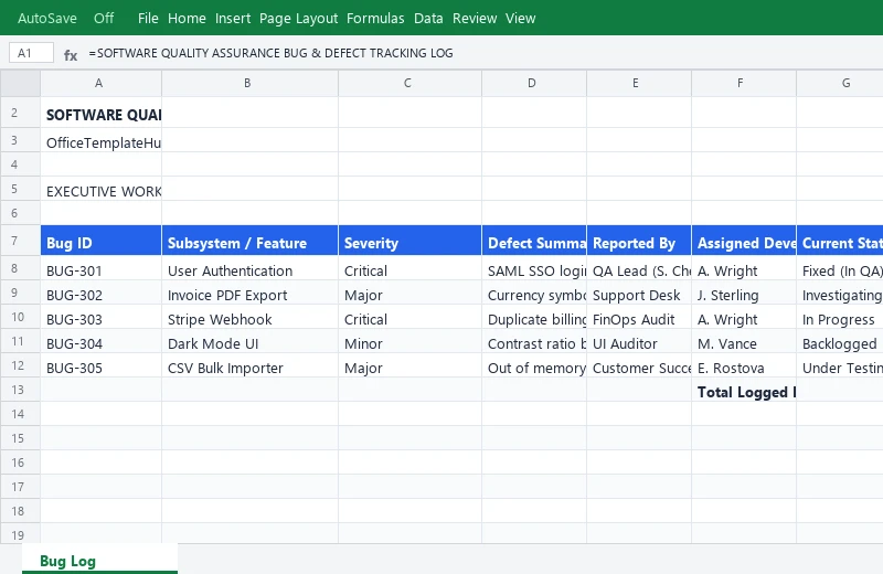 Software Quality Assurance Bug & Defect Tracking Log
