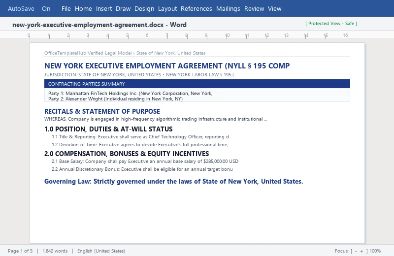 New York Executive Employment Agreement (NYLL § 195 Compliant)