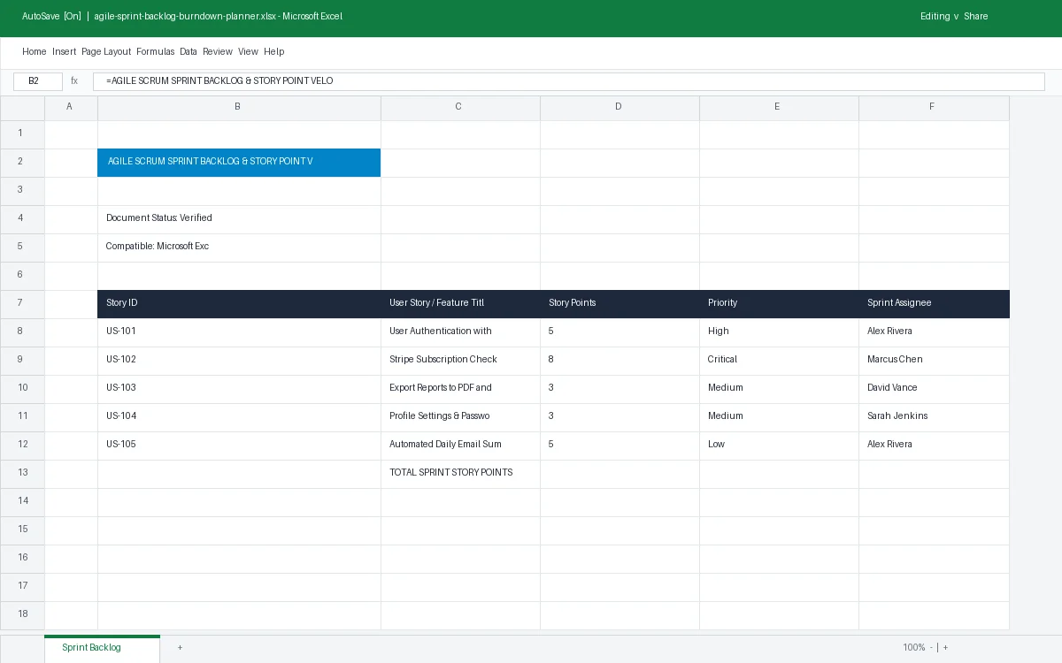 Agile Scrum Sprint Backlog & Story Point Velocity Planner