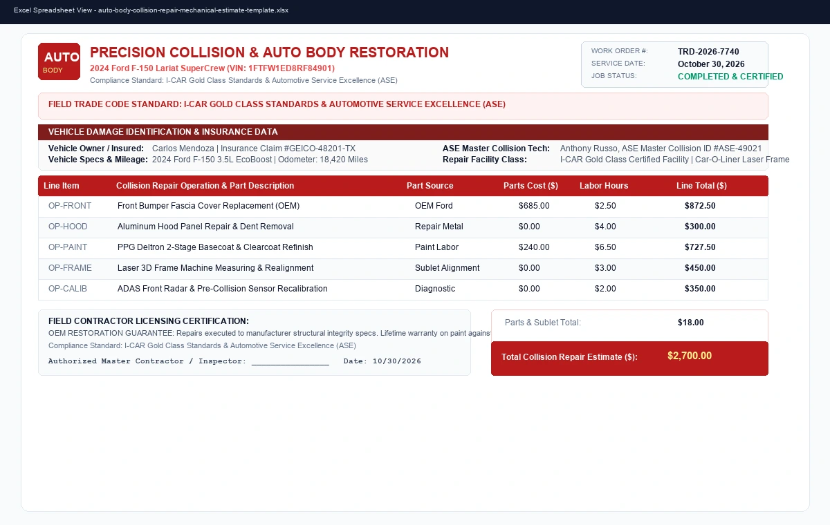 Auto Body & Mechanical Collision Repair Estimate Template