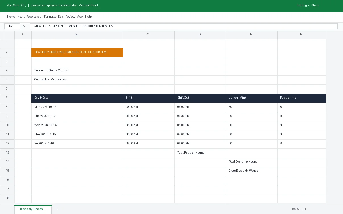 Biweekly Employee Timesheet Calculator Template