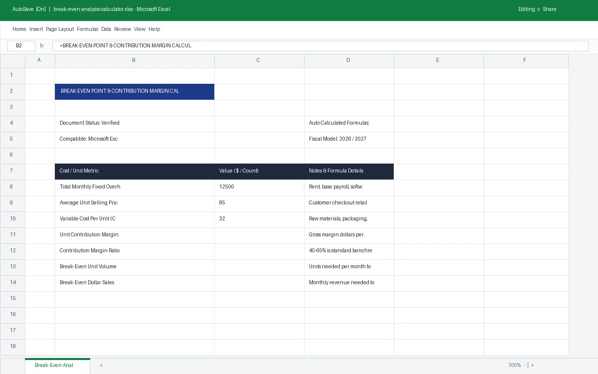 Preview of Break-Even Point & Contribution Margin Calculator