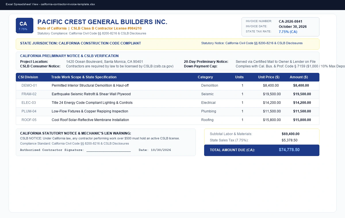 California Contractor Invoice & 20-Day Preliminary Notice Template