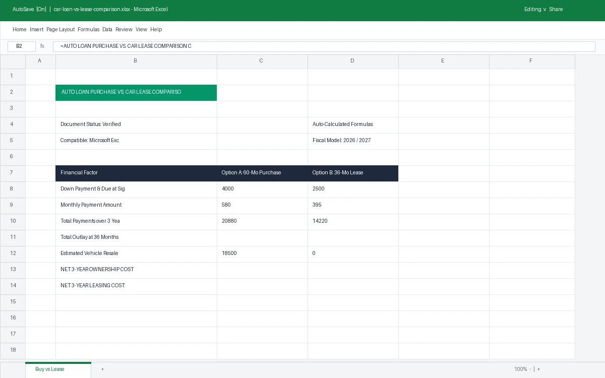 Auto Loan Purchase vs. Car Lease Comparison Calculator