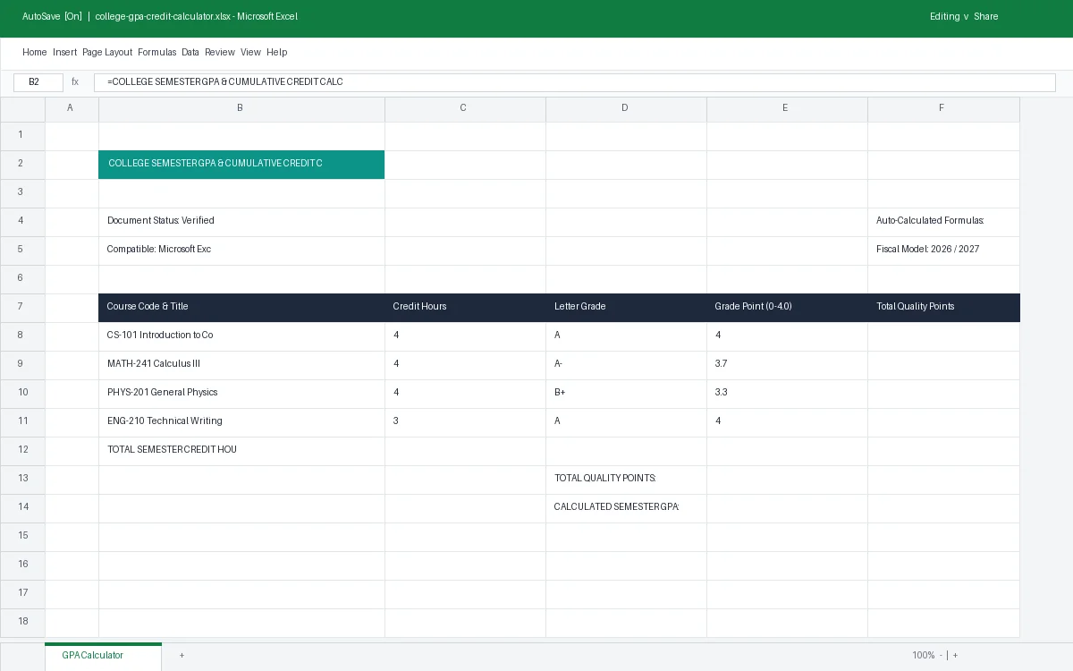 Preview of College Semester GPA & Cumulative Credit Calculator