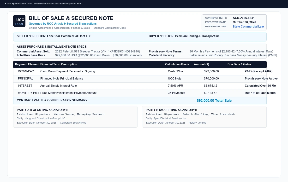 Commercial Bill of Sale & Promissory Note Template
