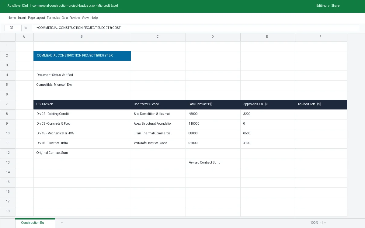 Commercial Construction Project Budget & Cost Matrix