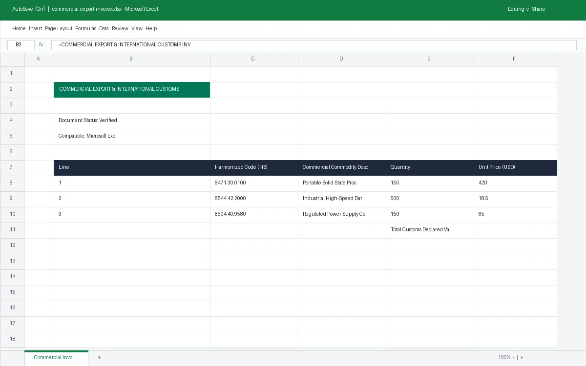Commercial Export & International Customs Invoice Template