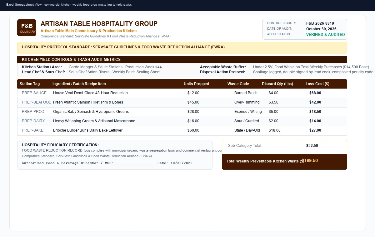 Commercial Kitchen Weekly Food Prep & Waste Tracking Log Template