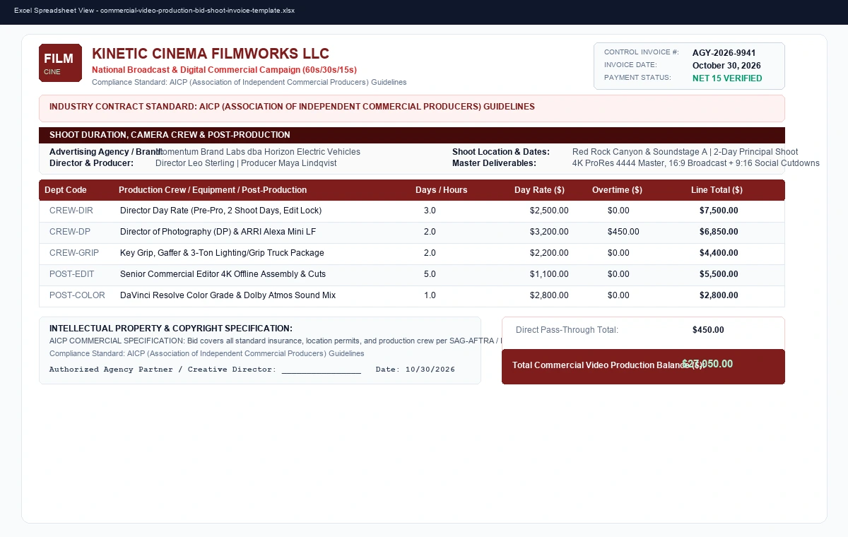 Commercial Video Production Bid & Shoot Schedule Invoice
