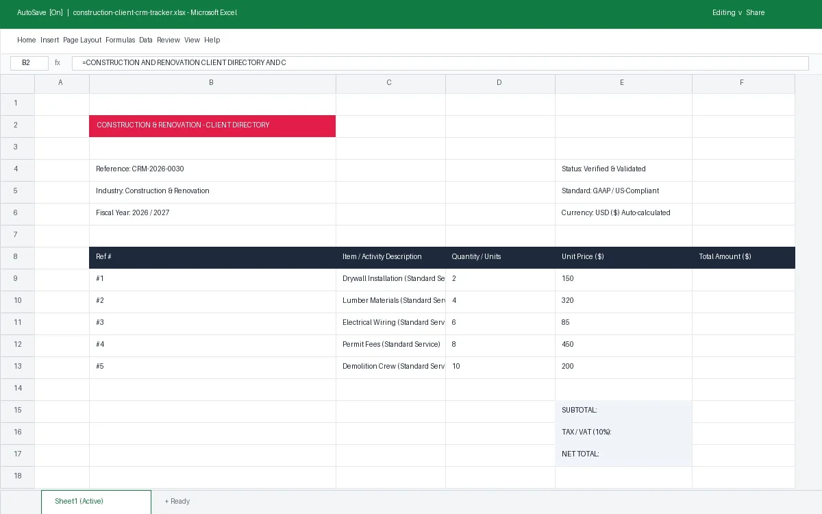 Construction & Renovation Client Directory & CRM Tracker Template