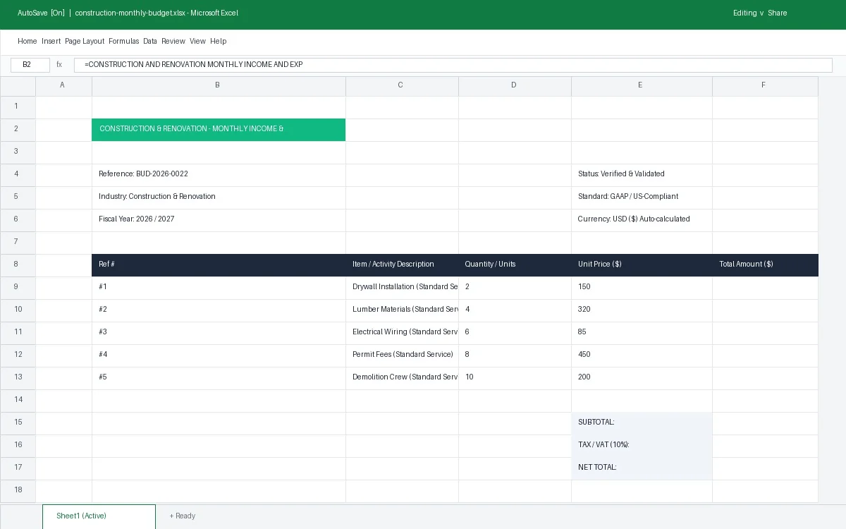 Construction & Renovation Monthly Income & Expense Budget Template