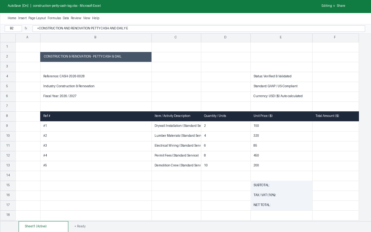Preview of Construction & Renovation Petty Cash & Daily Expense Log Template