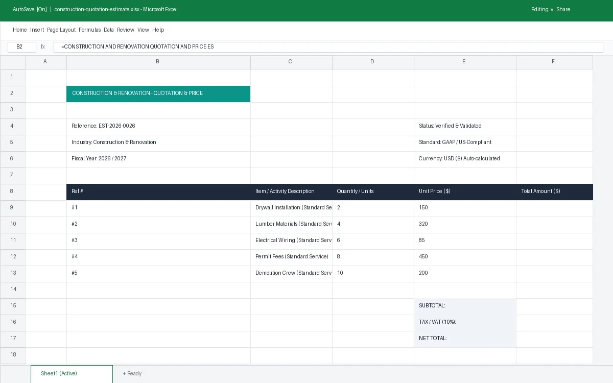 Construction & Renovation Quotation & Price Estimate Template