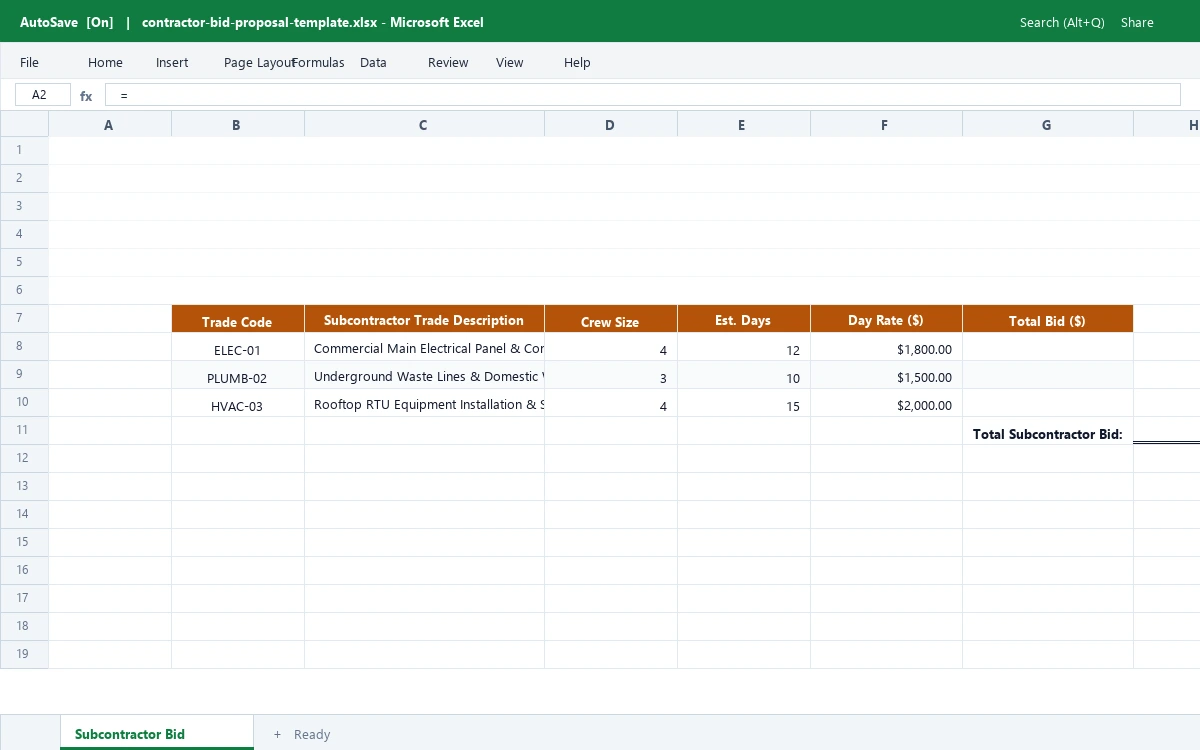 Subcontractor Bid Proposal & Labor Estimate Worksheet