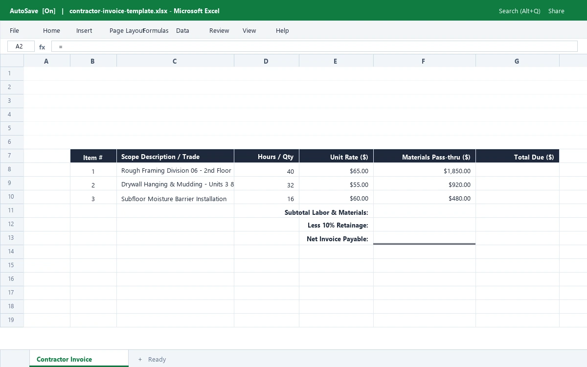 Independent Contractor Invoice & Draw Billing Template
