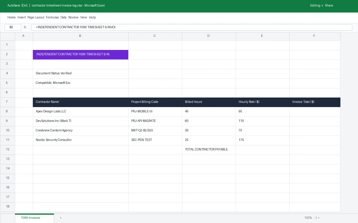 Preview of Independent Contractor 1099 Timesheet & Invoice Log