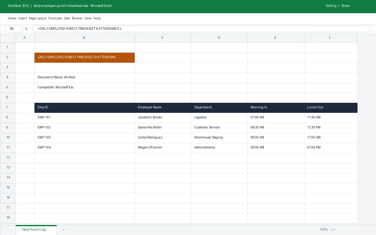 Daily Employee Punch Timesheet & Attendance Log