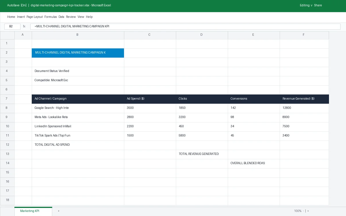 Preview of Multi-Channel Digital Marketing Campaign KPI Tracker