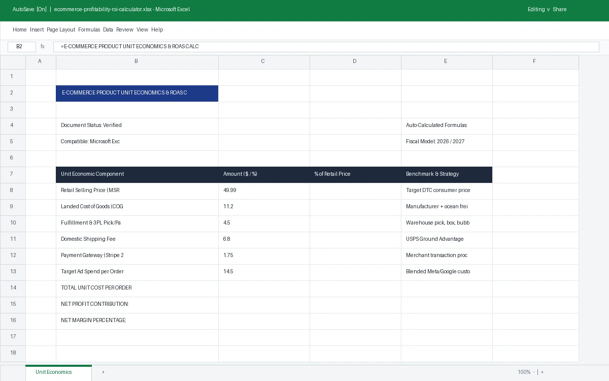 Preview of E-Commerce Product Unit Economics & ROAS Calculator