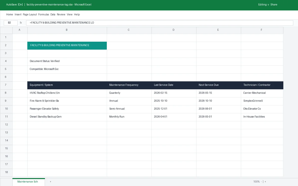 Facility & Building Preventive Maintenance Log
