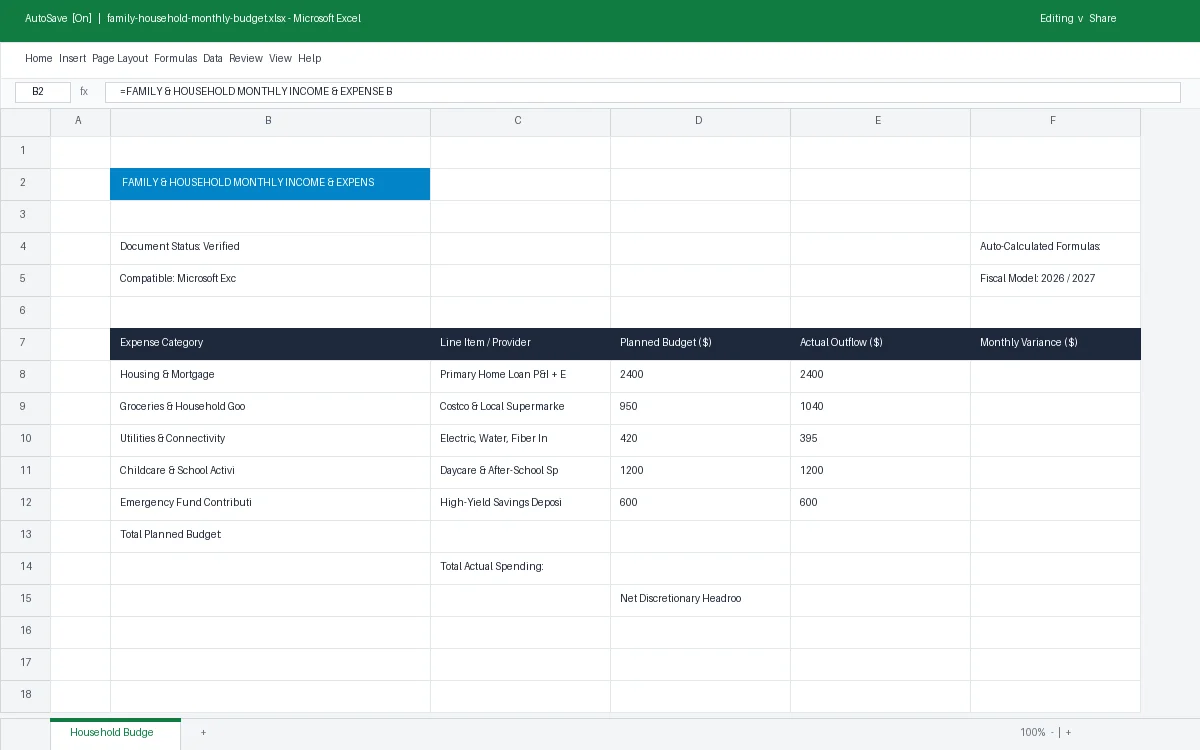 Family & Household Monthly Income & Expense Budget
