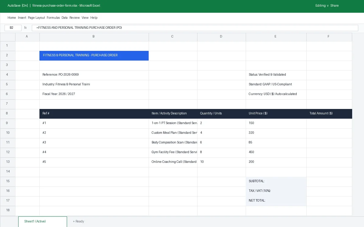 Fitness & Personal Training Purchase Order (PO) Form Template
