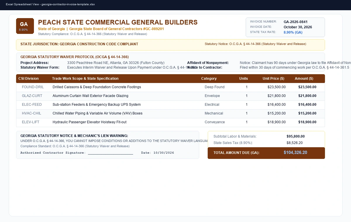 Georgia Contractor Invoice & Statutory Lien Waiver Template