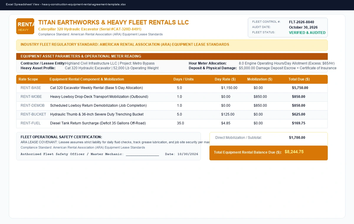 Heavy Construction Equipment Rental Agreement & Hour Meter Invoice