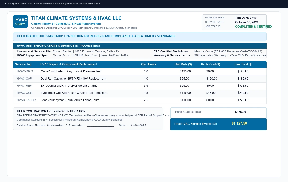 HVAC Service Call Invoice & Diagnostic Work Order Template