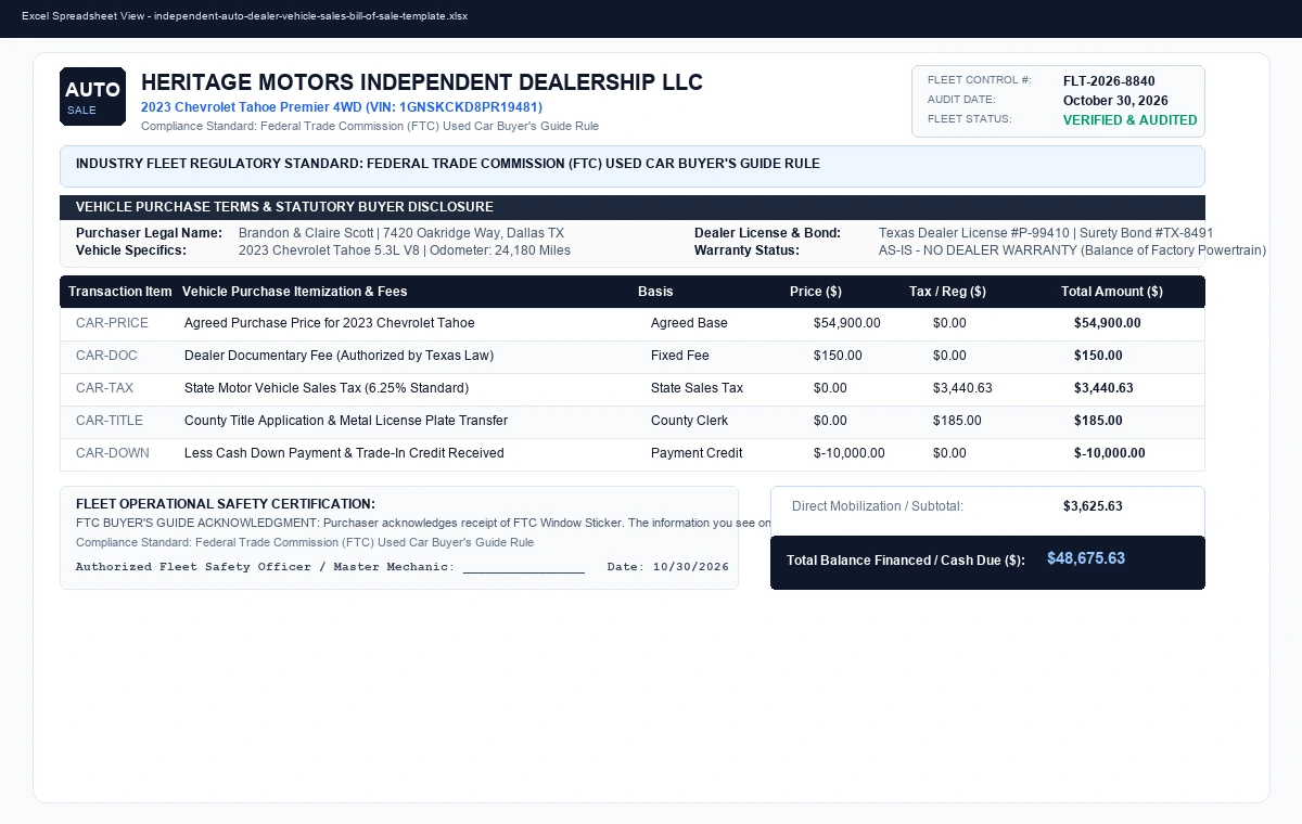 Independent Auto Dealer Vehicle Sales Contract & As-Is Bill of Sale
