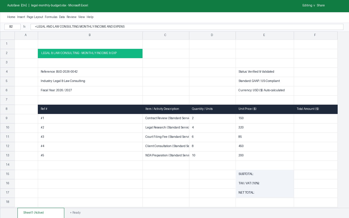 Legal & Law Consulting Monthly Income & Expense Budget Template