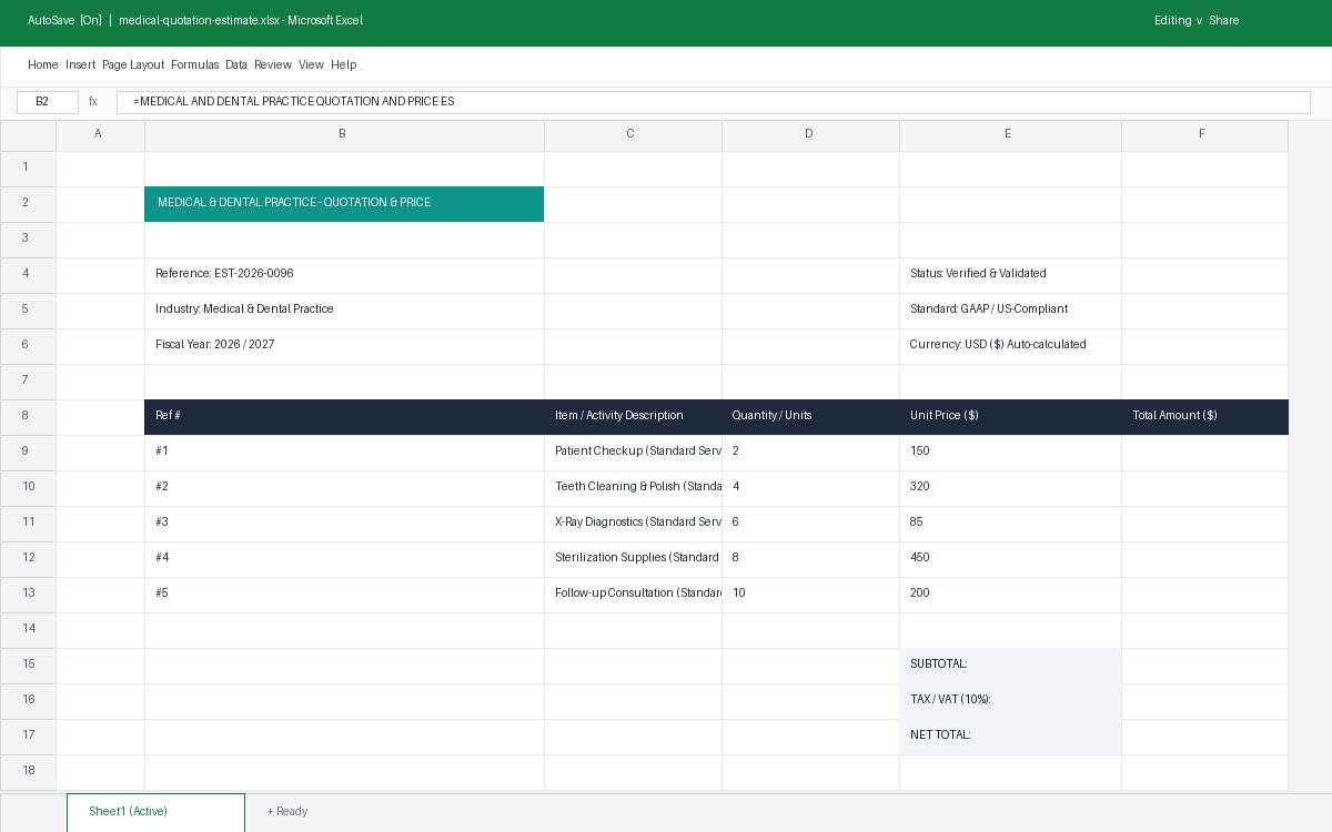 Preview of Medical & Dental Practice Quotation & Price Estimate Template
