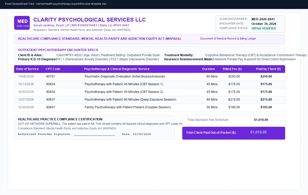 Mental Health & Psychotherapy Private Practice Superbill Template