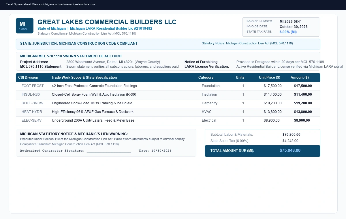 Michigan Contractor Invoice & Sworn Statement Template