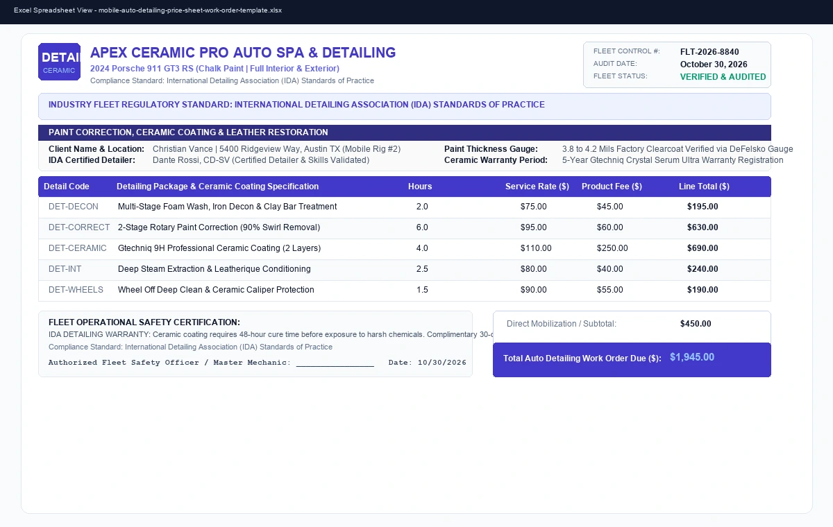 Mobile Auto Detailing Service Price Sheet & Customer Work Order