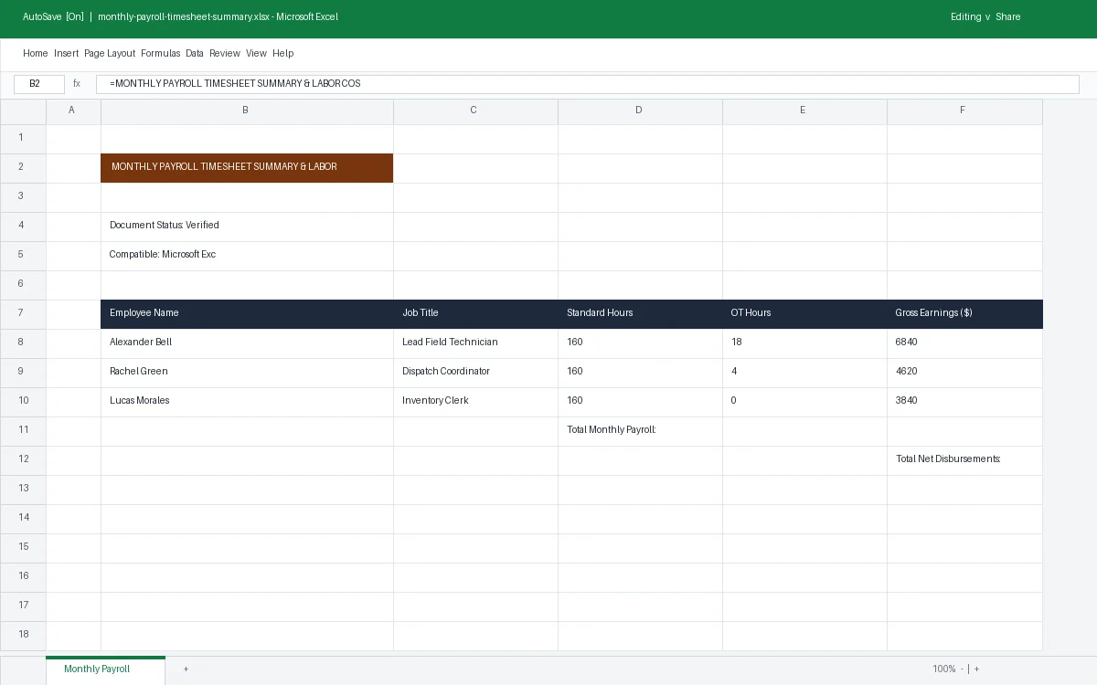 Monthly Payroll Timesheet Summary & Labor Cost Model