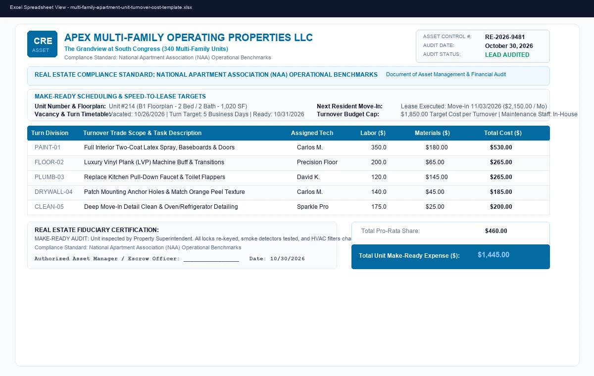 Multi-Family Apartment Unit Make-Ready & Turnover Cost Worksheet