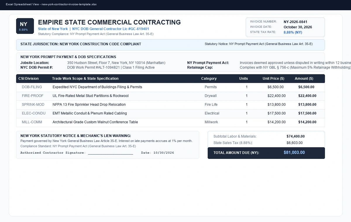 New York Contractor Invoice & Prompt Payment Act Template