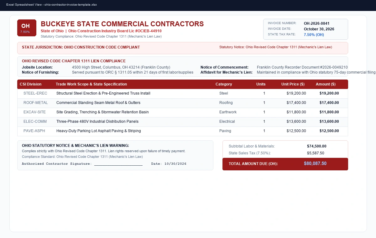 Ohio Construction Invoice & Notice of Furnishing Template