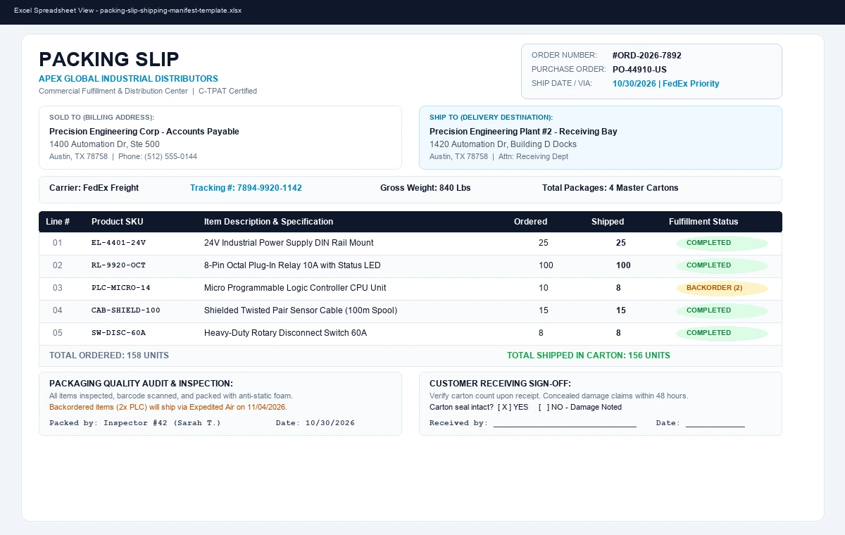 Packing Slip & Commercial Shipping Manifest Template
