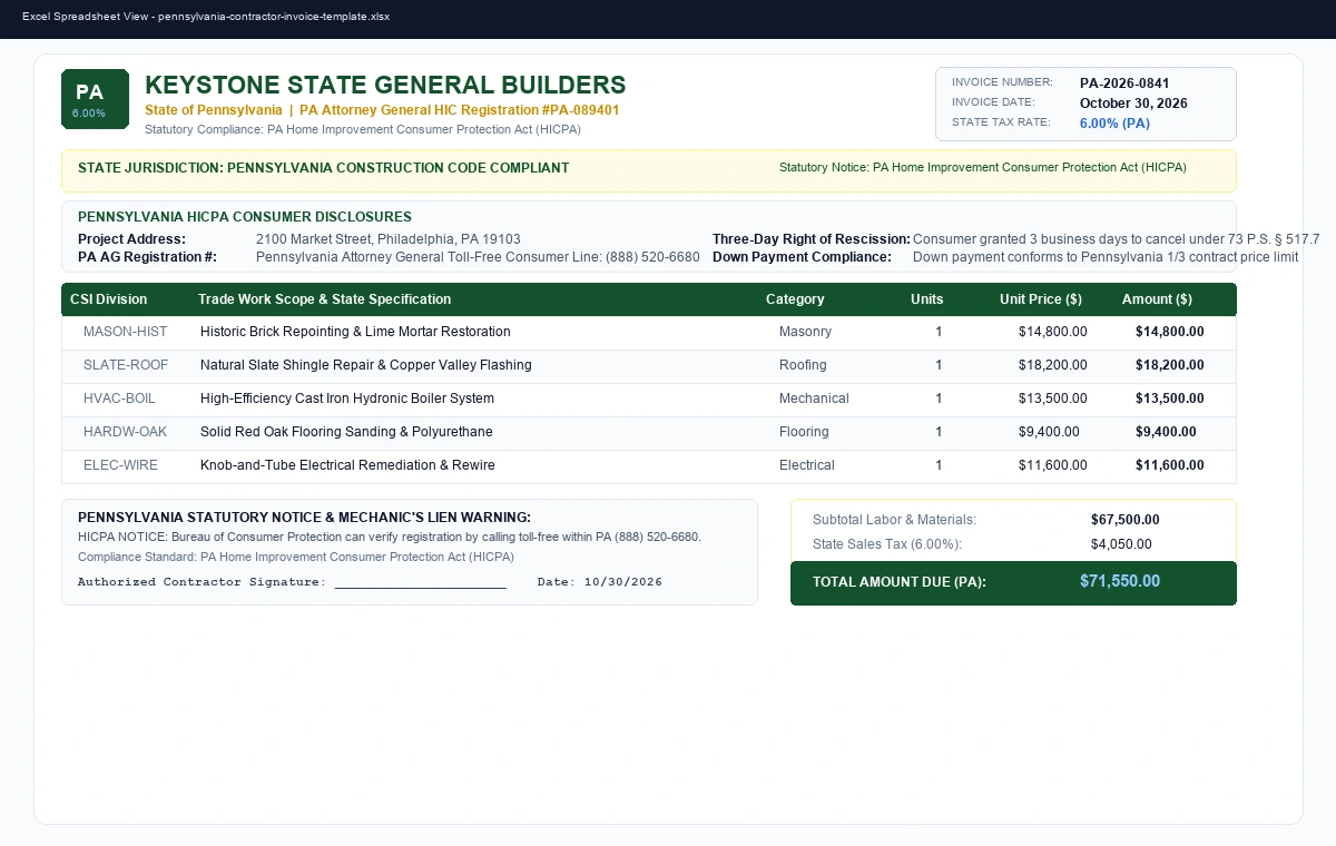 Pennsylvania Contractor Invoice & HICPA Compliance Template