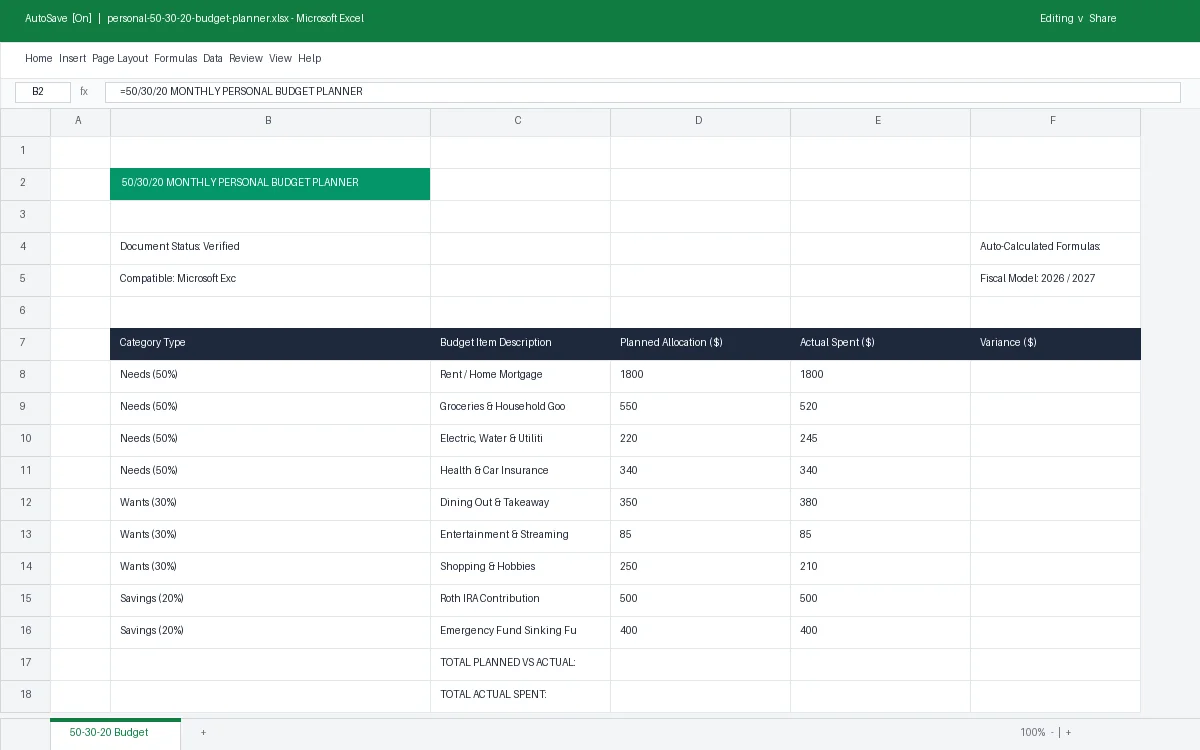 50/30/20 Monthly Personal Budget Planner