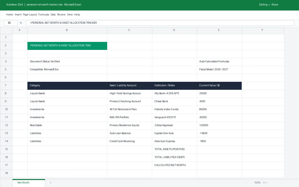 Preview of Personal Net Worth & Asset Allocation Tracker