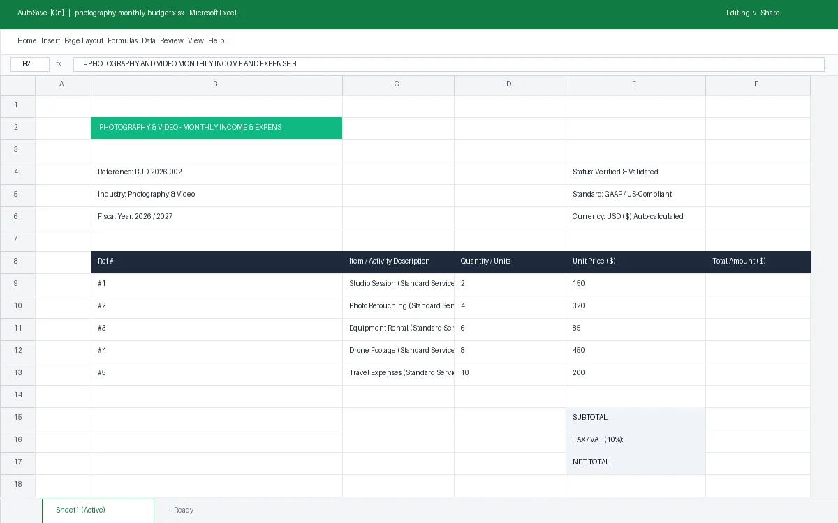 Photography & Video Monthly Income & Expense Budget Template