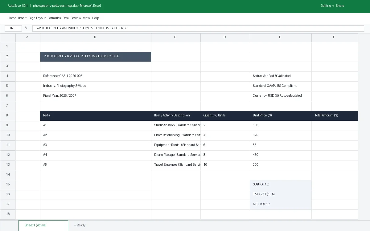 Photography & Video Petty Cash & Daily Expense Log Template
